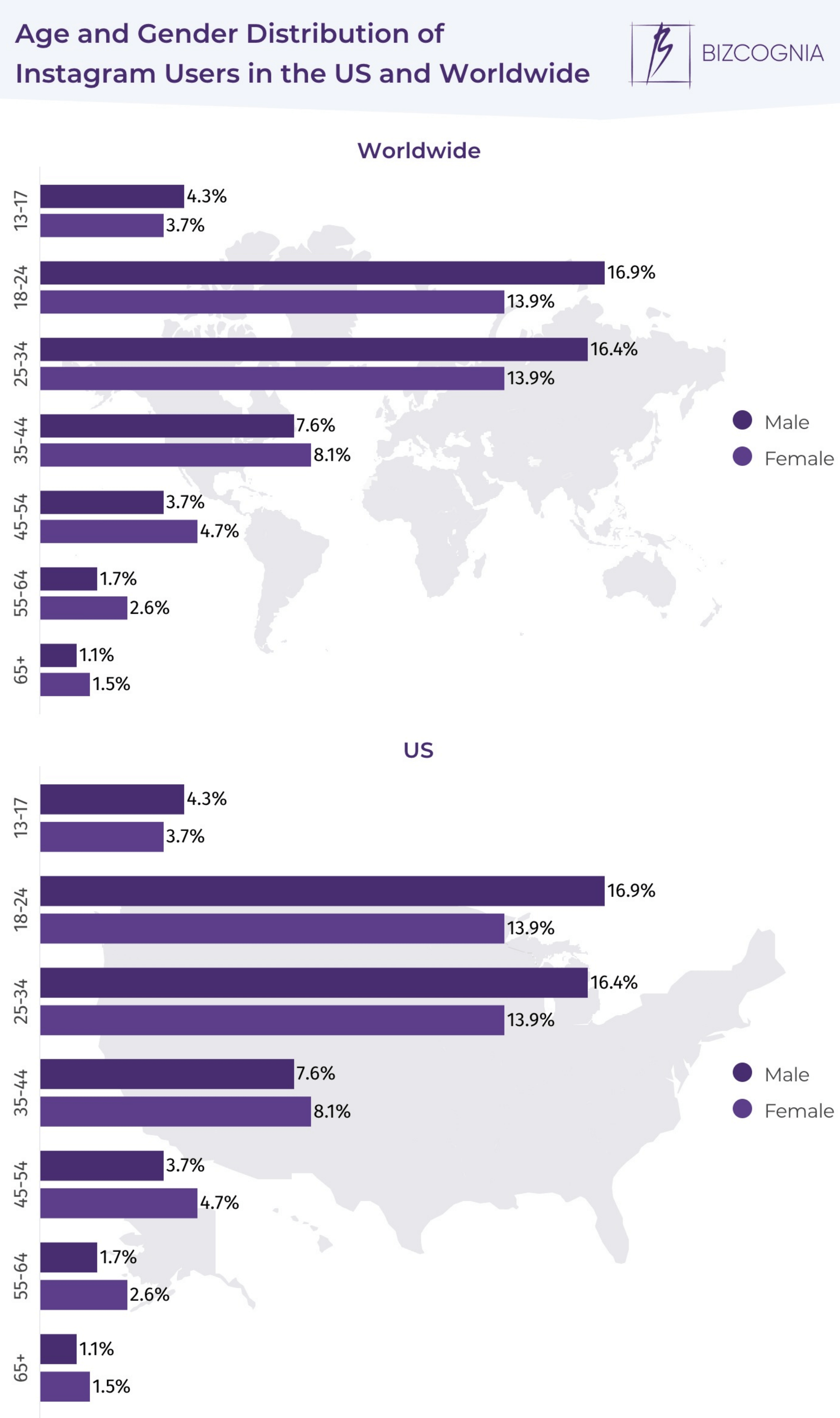 Global and US Instagram age and gender demographics